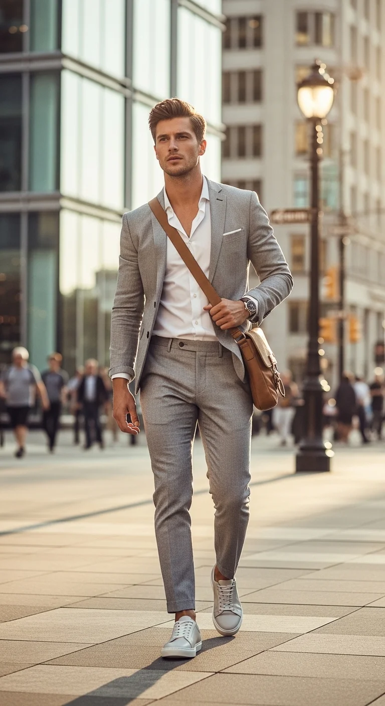 8 Stylish Semi-Formal Outfit Looks for Any Occasion 11 Lightweight Suit With Open Collar And Dress Sneakers