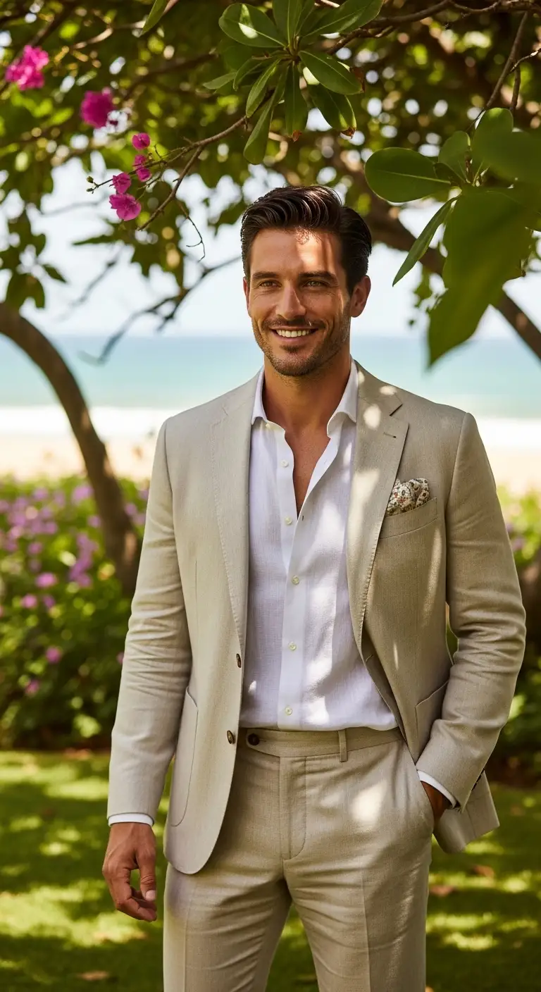 7 Men’s Wedding Attire Ideas You’ll Actually Wear 7 Linen-Blend Suit for Beach and Garden Weddings