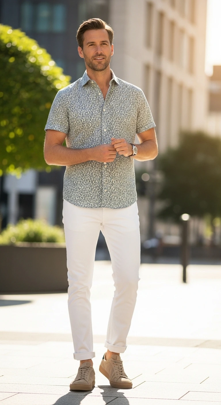 Party Outfits for Men: 8 Ideas That Turn Heads 7 Patterned Shirt, White Denim, Suede Sneakers