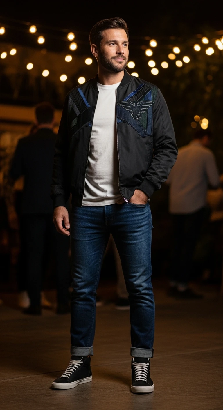 Party Outfits for Men: 8 Ideas That Turn Heads 9 Statement Bomber, Dark Jeans, Premium Tee