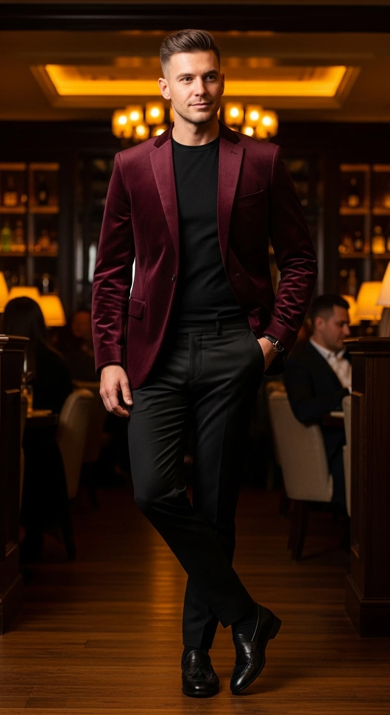 Party Outfits for Men: 8 Ideas That Turn Heads 5 Velvet Blazer, Black Tee, Slim Trousers