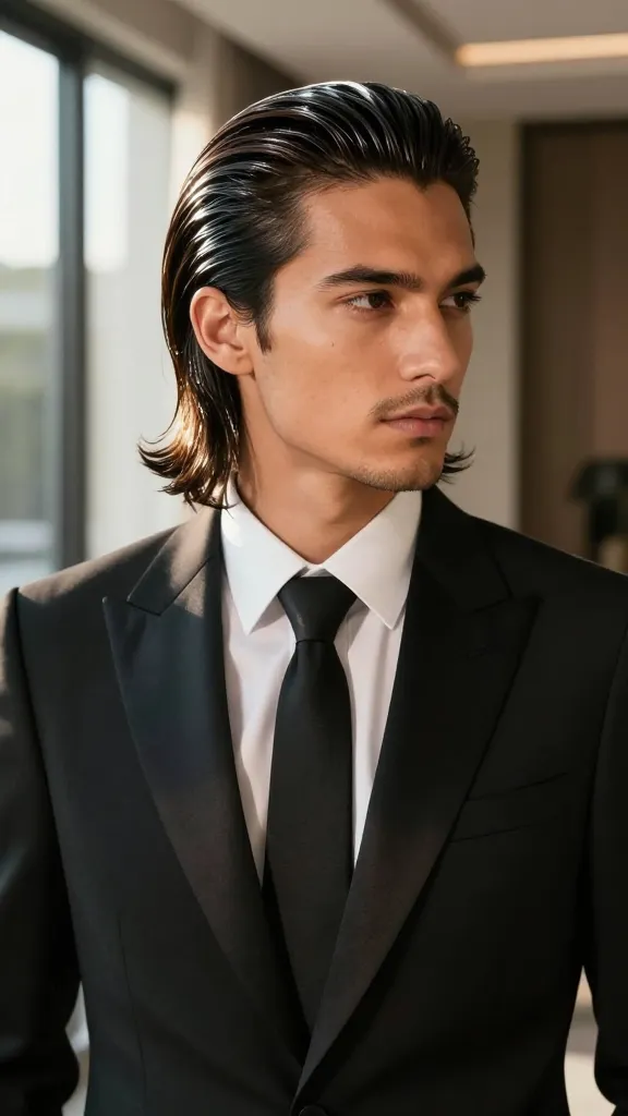 Master 10 Groomed Long Hair Hairstyles Ideas for Men 12 Glossy Slick-Back For Special Occasions