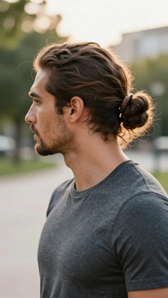 Long Hairstyles for Men: 9 Viral Ideas You’ll Want Now 7 Low Man Bun With Loose Strands