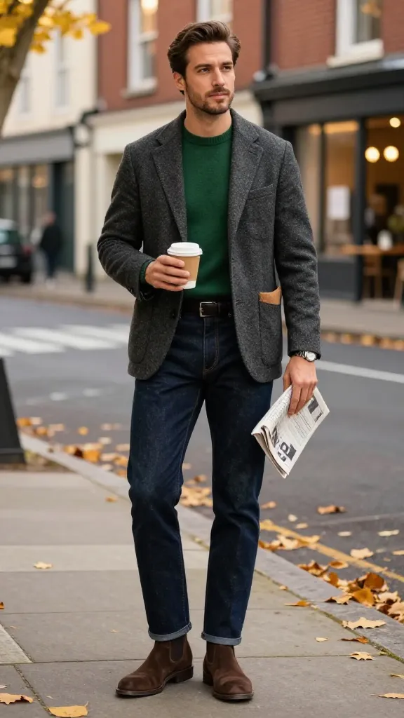 Upgrade Your Style: 10 Blazer Outfits for Men Ideas 6 Knitwear Upgrade: Blazer Over a Crewneck Sweater