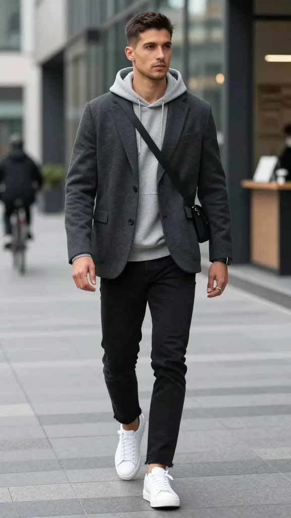 Upgrade Your Style: 10 Blazer Outfits for Men Ideas 8 Street-Ready: Blazer With Hoodie and Sneakers