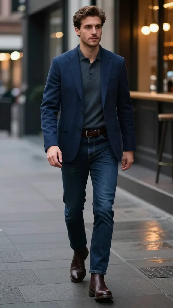 Upgrade Your Style: 10 Blazer Outfits for Men Ideas 12 High-Low Elegance: Blazer With Dark Jeans and Boots