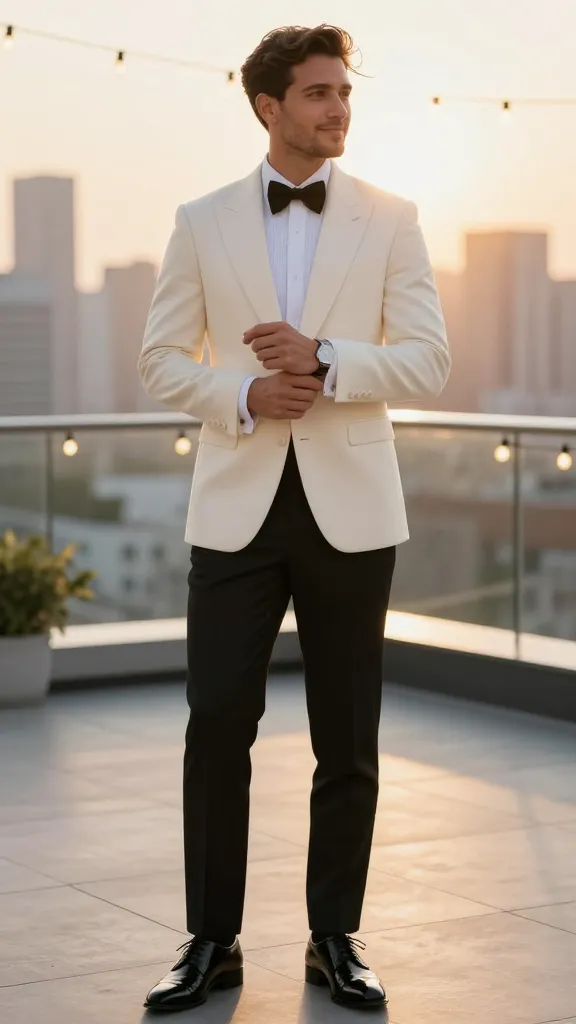 7 Men's Engagement Outfit Ideas for a Sharp Look 6 Cream Dinner Jacket For Golden-Hour Glam
