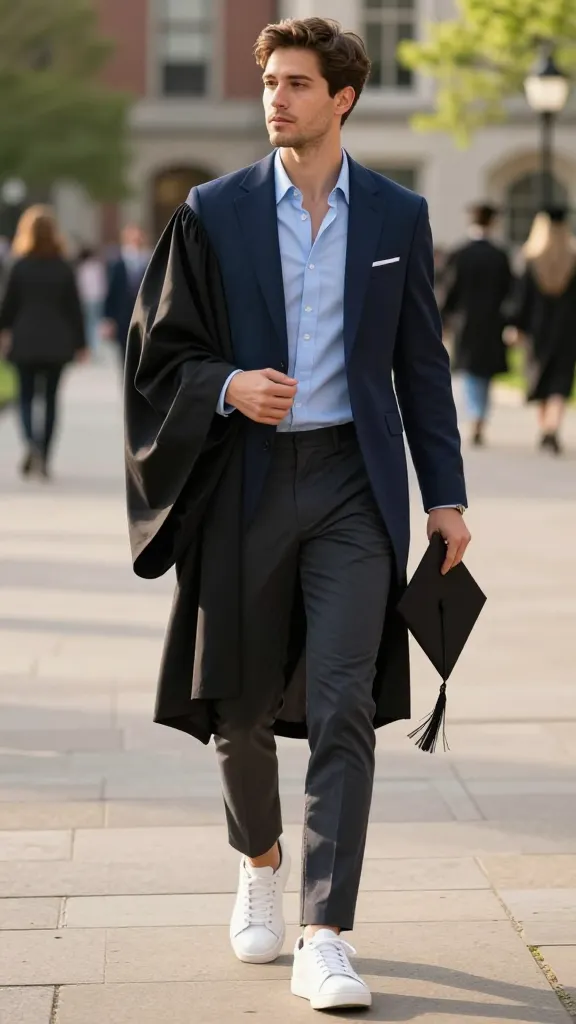 12 Graduation Suit Ideas That Make a Statement 12 High-Low Mix: Suit Up Top, Casual Underneath