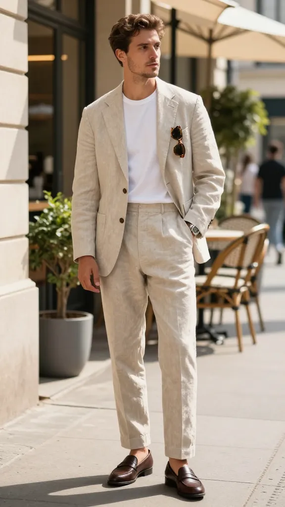 8 Stylish Semi-Formal Outfit Looks for Any Occasion 5 Linen Suit, Minimalist Tee, Killer Loafers