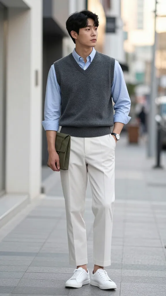 Upgrade Your Style with 12 Korean Smart Casual Men Ideas 11 Layer a Vest Over a Shirt
