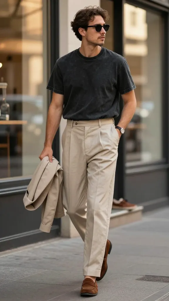 Men’s Summer Casual Outfit: 7 Ideas for Every Occasion 6 Retro Tee Glow-Up: Graphic Tee + Pleated Trousers