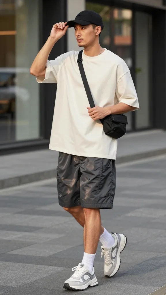 Men’s Summer Casual Outfit: 7 Ideas for Every Occasion 10 Street-Ready Cool: Oversized Tee + Tech Shorts + Chunky Sneakers