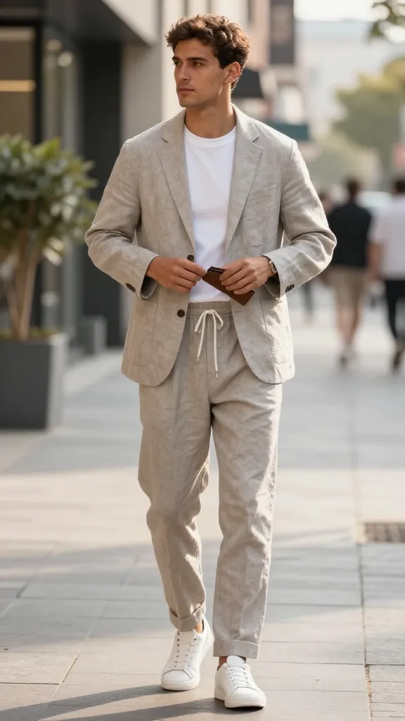 Men’s Summer Casual Outfit: 7 Ideas for Every Occasion 11 Minimalist Summer Suiting: Unstructured Blazer + Tee + Drawstring Trousers