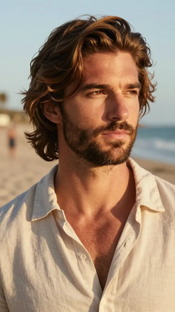 Viral 11 Flow Haircut with Beard Ideas for Men Today 4 Surf-Ready Flow With Stubbled Edges