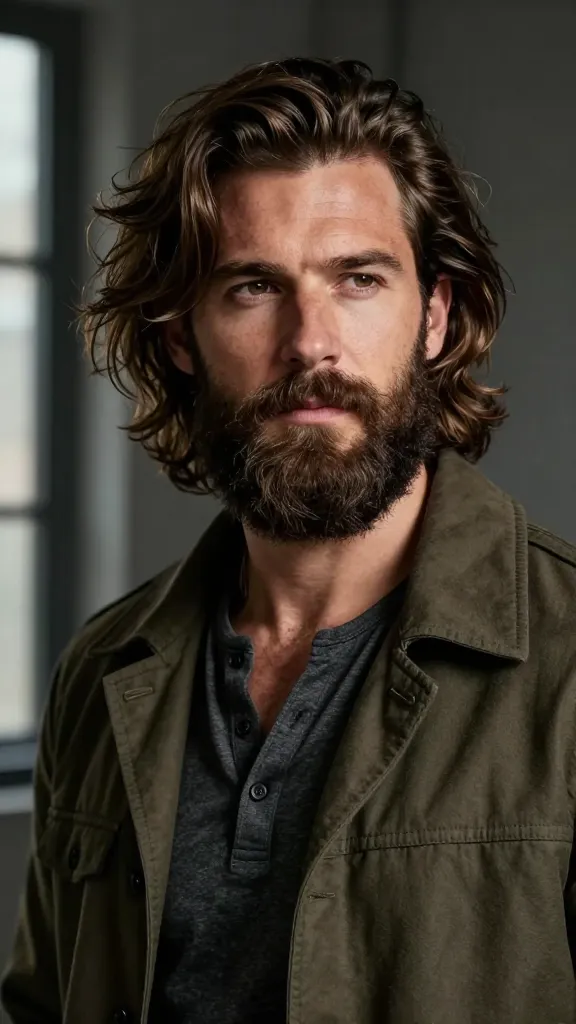 Viral 11 Flow Haircut with Beard Ideas for Men Today 7 Rugged Shoulder-Length Flow With a Full Beard