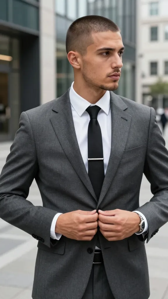11 Hairstyles with Suits That Look Perfect 8 Buzz Cut With Razor-Sharp Suit