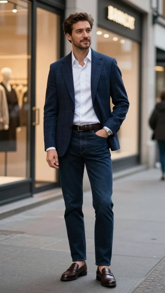Viral 10 Jeans with Blazer Outfit Ideas for Men 7 Patterned Blazer + Clean Indigo Jeans