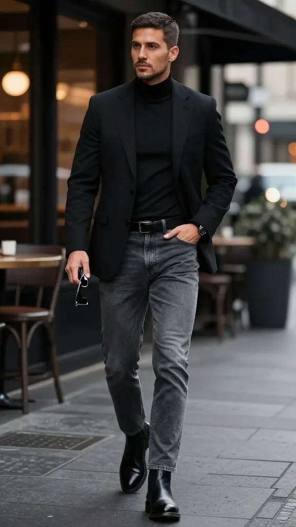 Viral 10 Jeans with Blazer Outfit Ideas for Men 8 Black Blazer + Grey Jeans