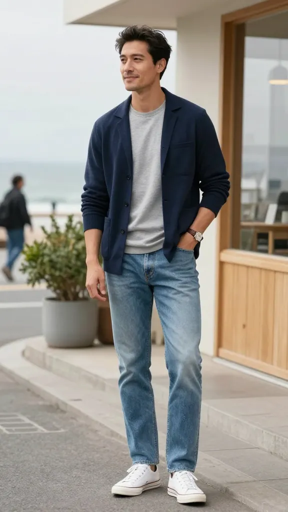 Viral 10 Jeans with Blazer Outfit Ideas for Men 9 Casual Knit Blazer + Light Wash Jeans