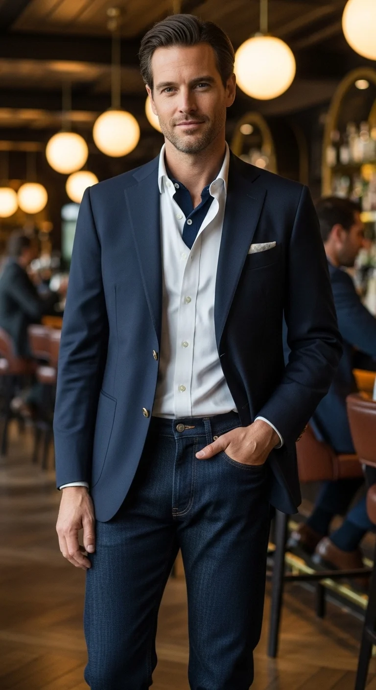 Viral 10 Jeans with Blazer Outfit Ideas for Men 3 Classic Navy Blazer + Dark Wash Jeans