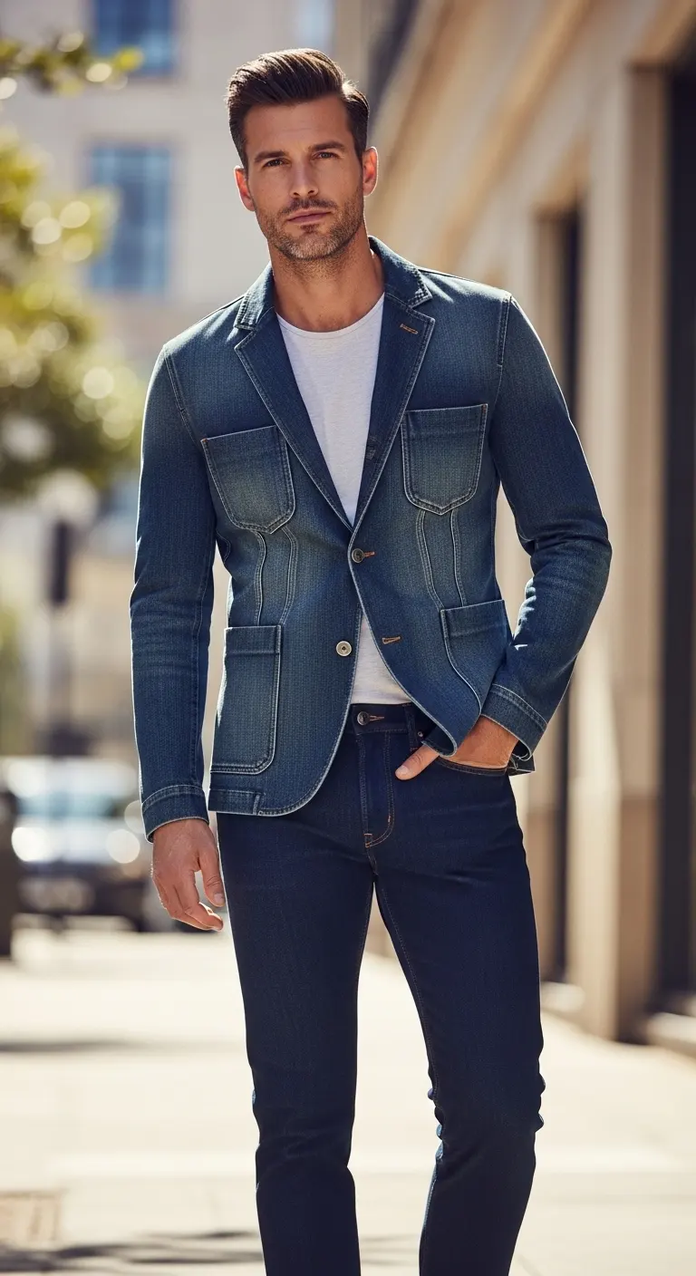 Viral 10 Jeans with Blazer Outfit Ideas for Men 6 Double Denim (Blazer Edition) + Dark Jeans