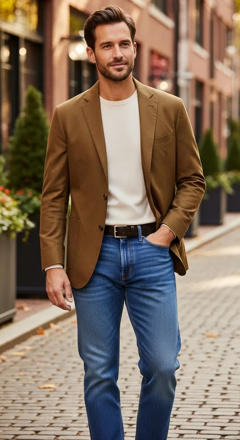 Viral 10 Jeans with Blazer Outfit Ideas for Men 5 Earth-Tone Blazer + Medium Blue Jeans