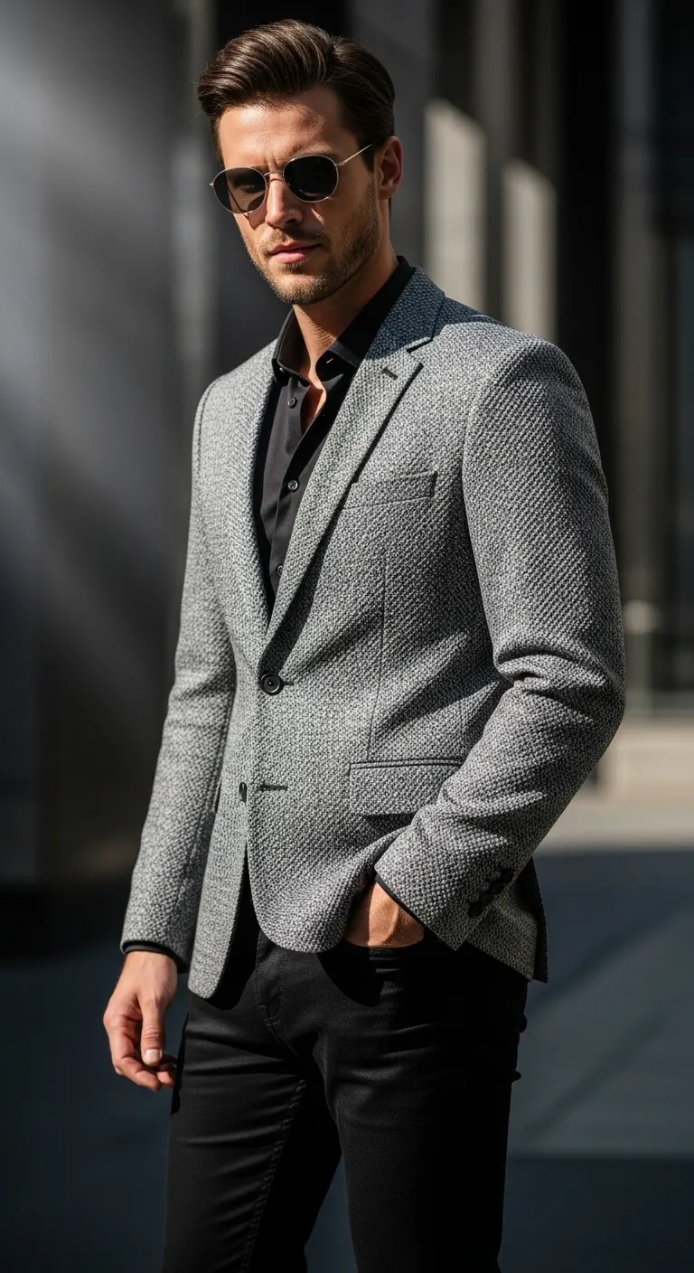 Viral 10 Jeans with Blazer Outfit Ideas for Men 4 Grey Blazer + Black Jeans