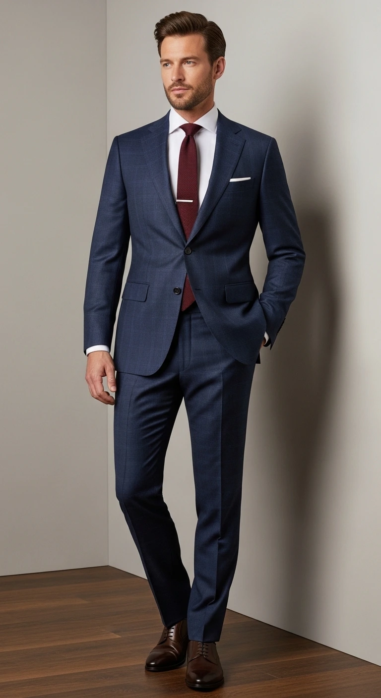 7 Men's Engagement Outfit Ideas for a Sharp Look 5 Modern Navy Suit With Subtle Pattern Play
