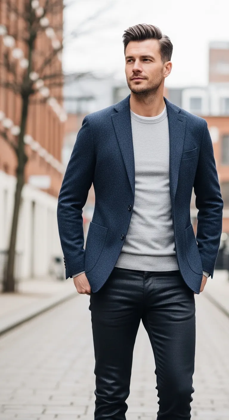Viral 10 Jeans with Blazer Outfit Ideas for Men 10 Textured Blazer + Raw Denim