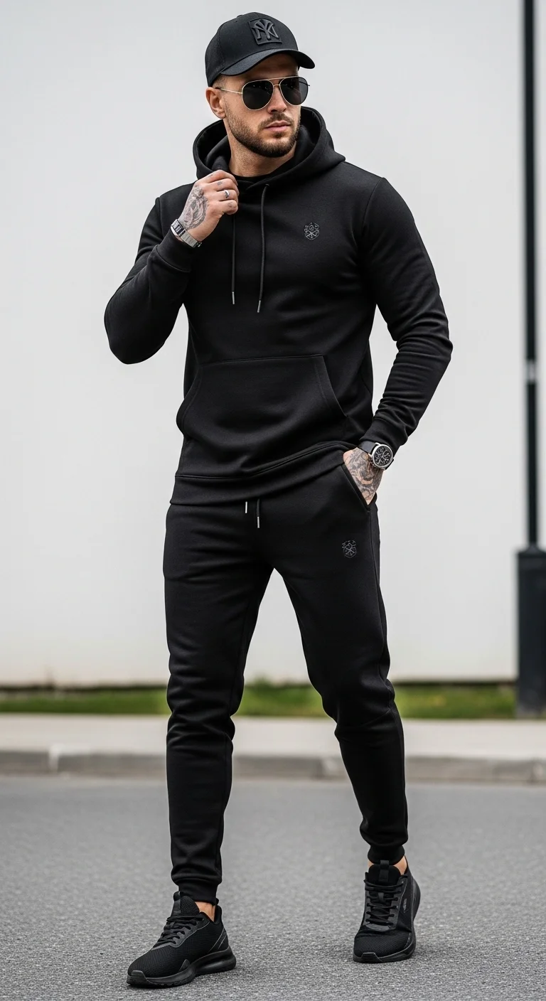 Men in Black Outfit: 12 Stylish Ideas for a Bold Look 13 Athleisure Black Set Modern Street Energy