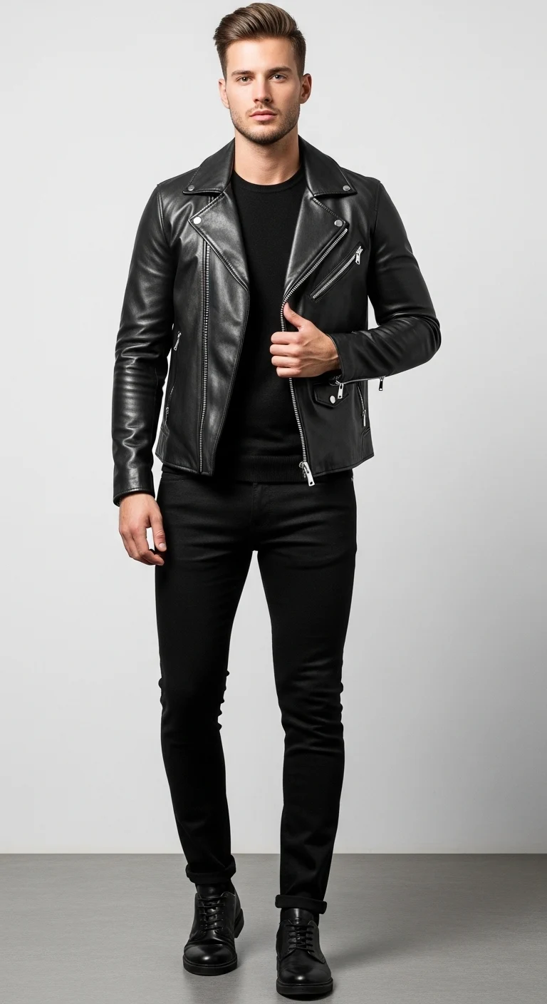 Men in Black Outfit: 12 Stylish Ideas for a Bold Look 8 Black Leather Jacket Urban Minimal Outfit