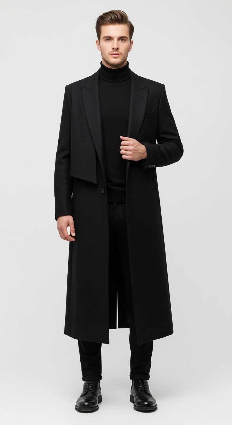 Men in Black Outfit: 12 Stylish Ideas for a Bold Look 14 Black Long Coat Winter Statement Look