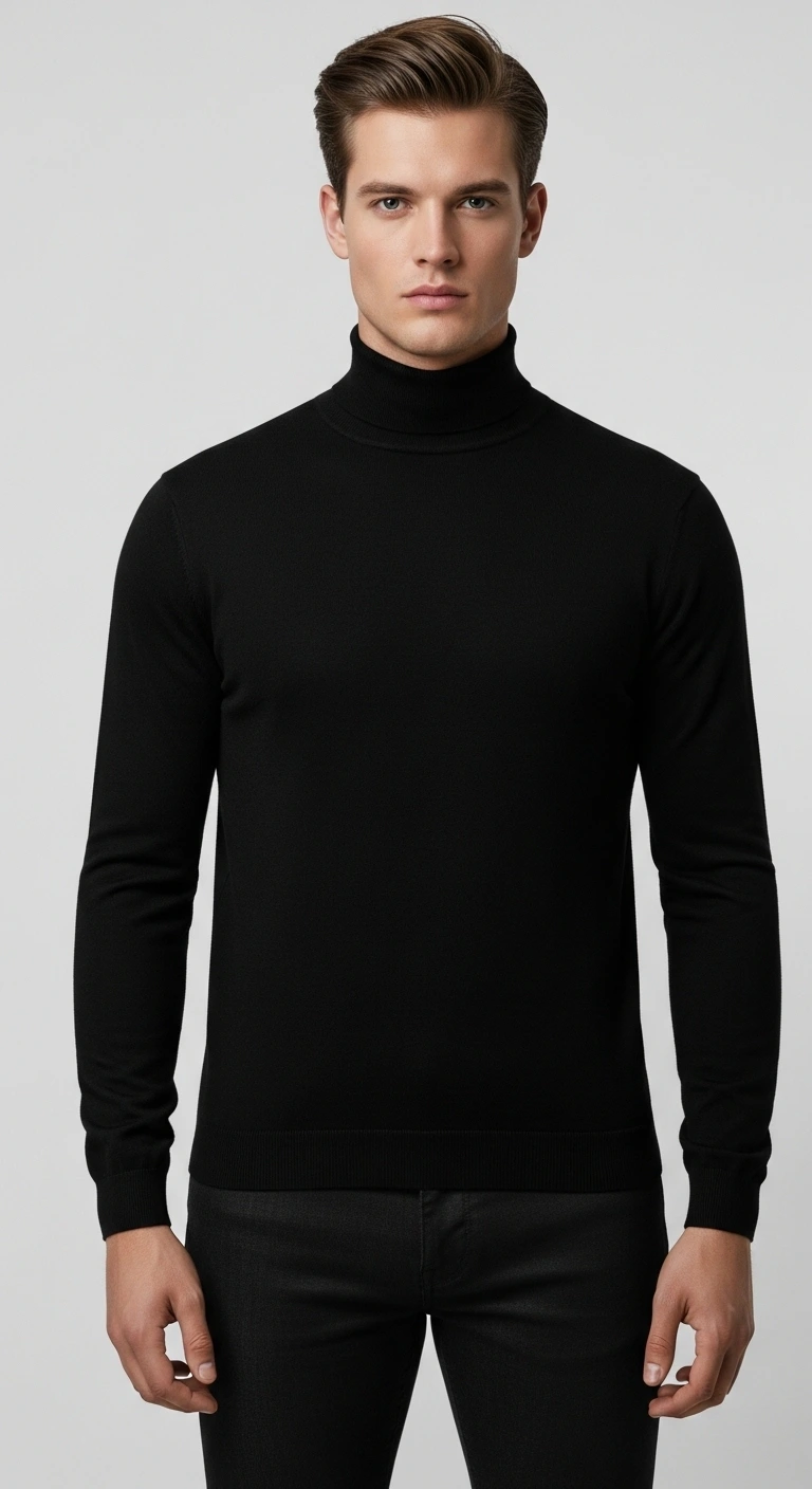 Men in Black Outfit: 12 Stylish Ideas for a Bold Look 11 Black Turtleneck Clean Luxury Minimalism