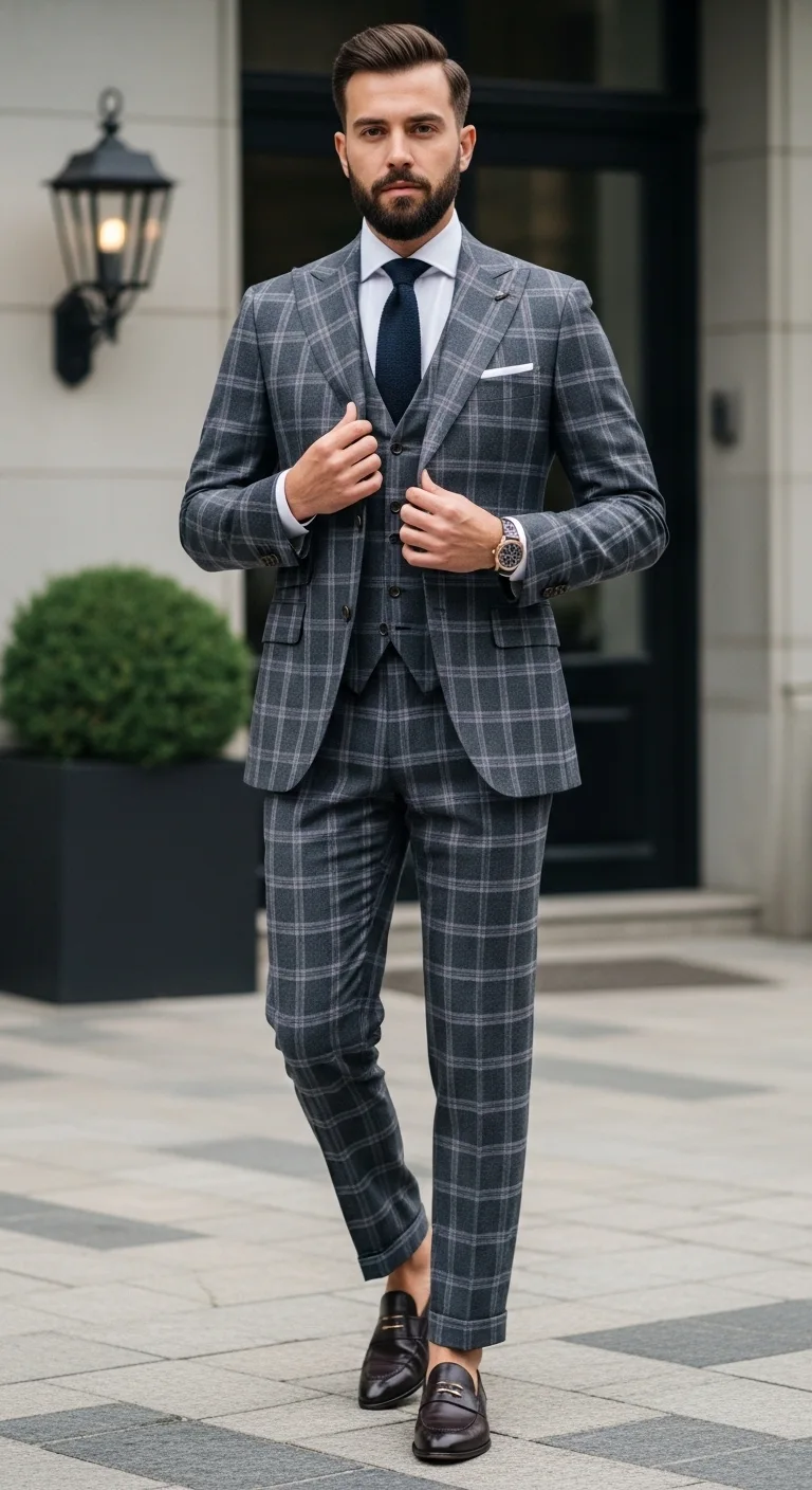 13 Men in Suits Looks That Always Impress 11 Checked Suit for Modern Texture