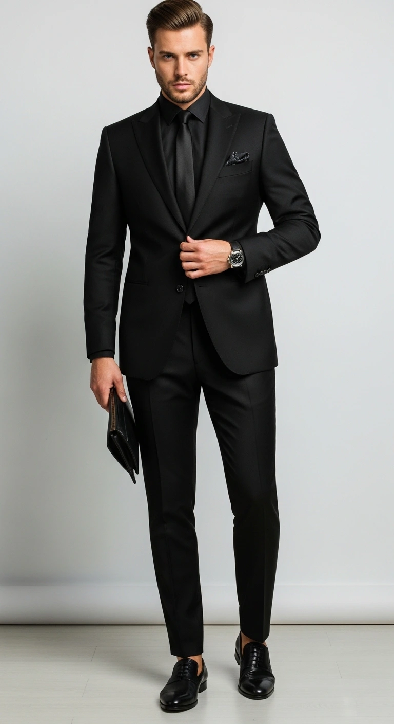 Men in Black Outfit: 12 Stylish Ideas for a Bold Look 5 Classic Black Suit with Tailored Edge