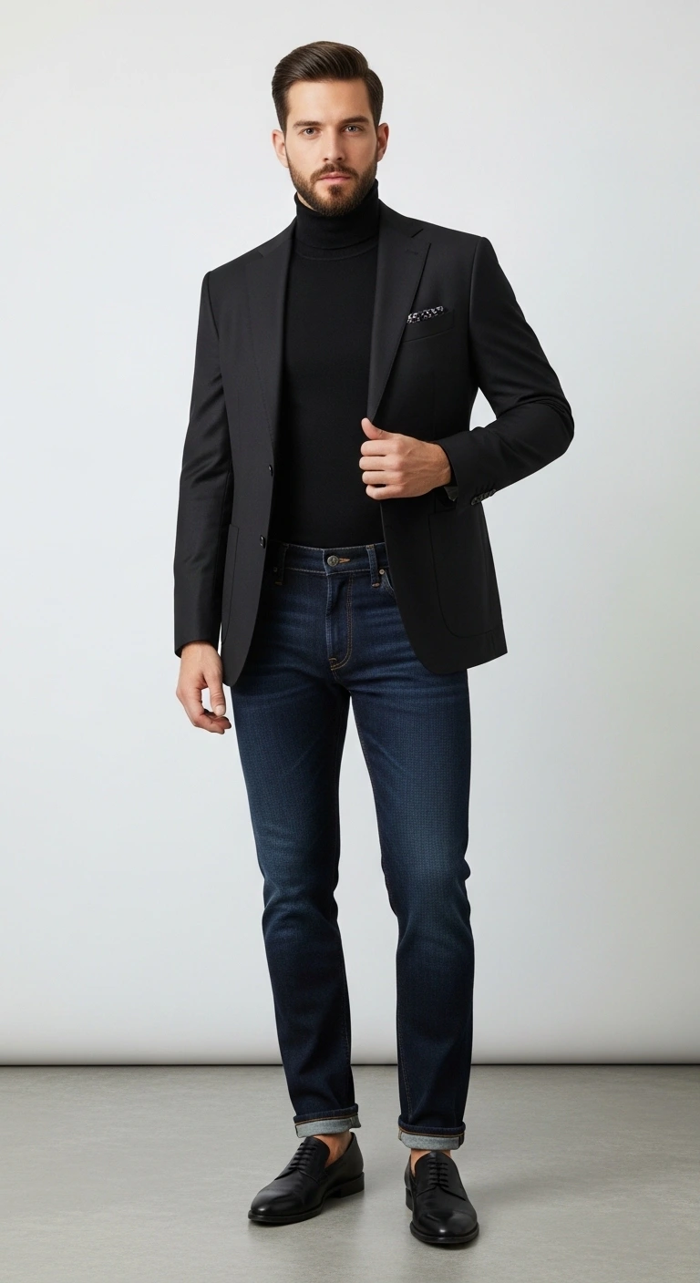 Men in Black Outfit: 12 Stylish Ideas for a Bold Look 12 Custom Black Blazer with Denim Fusion
