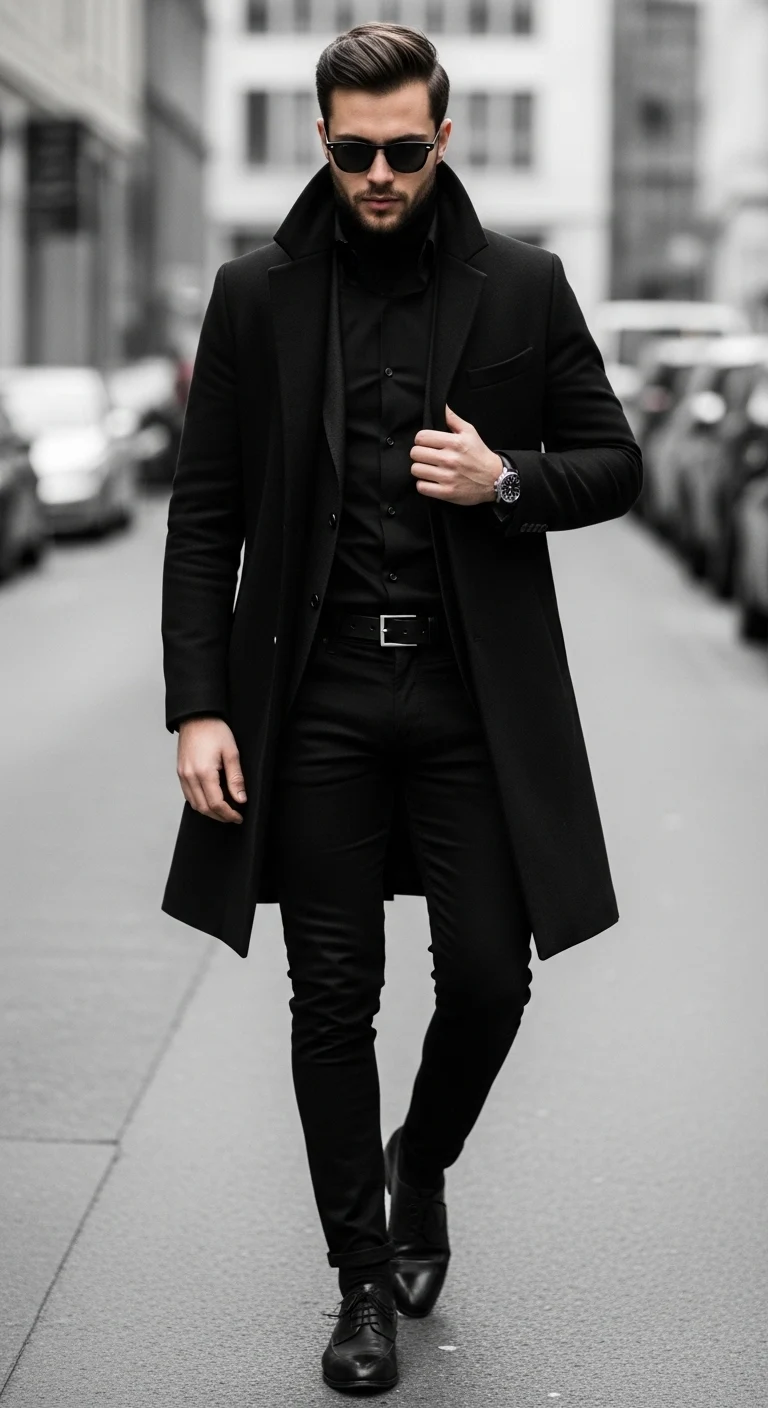 Men in Black Outfit: 12 Stylish Ideas for a Bold Look 7 Monochrome Black Layered Smart Casual Look