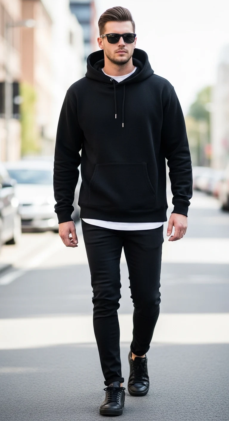 Men in Black Outfit: 12 Stylish Ideas for a Bold Look 6 Street Style Black Hoodie and Slim Pants