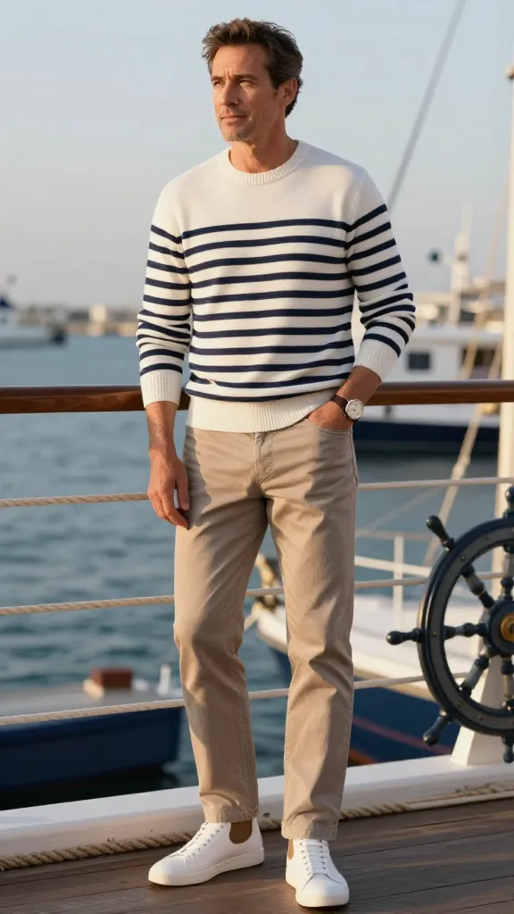 Men 50th Birthday Looks Worth Celebrating 6 Smart-Casual Seafarer: Striped Knit + Tailored Ify-Jeans