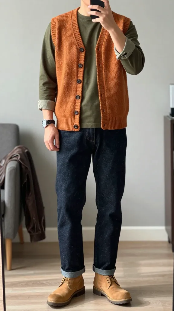 Are These Men 70s Outfits Making a Comeback? 10 Canyon-Color Knit Vest Over Long-Sleeve Tee