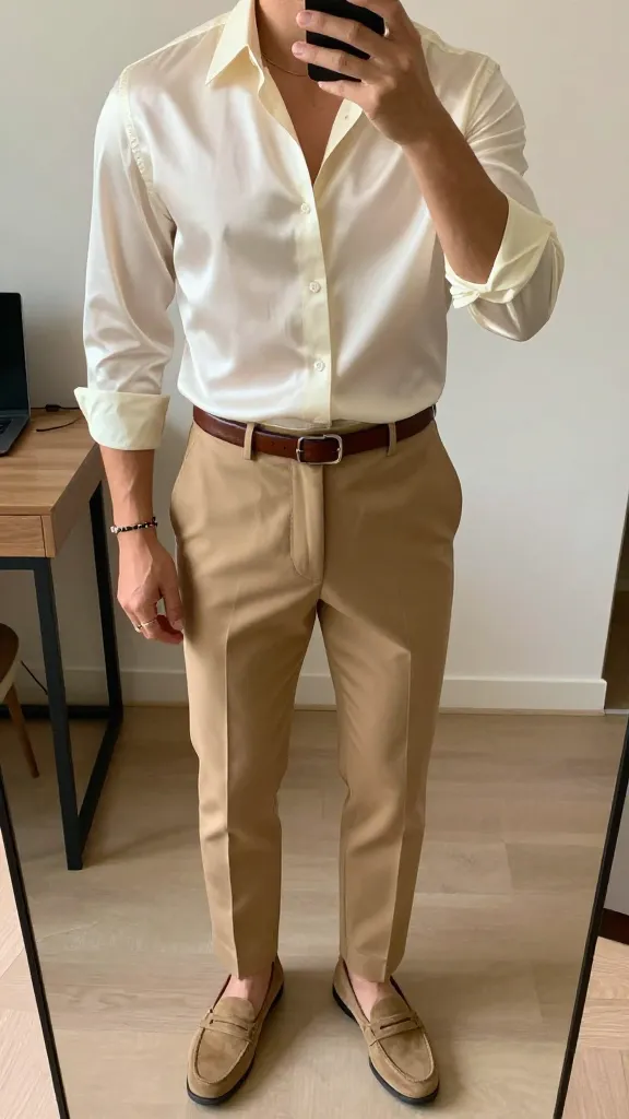 Are These Men 70s Outfits Making a Comeback? 13 Silk-Feel Cream Shirt With Sepia Tants