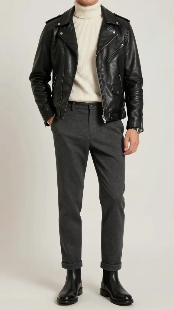 Men 90s Fashion: 12 Retro Reboot for Modern Style 6 Classic Leather Jacket with Slim Slacks