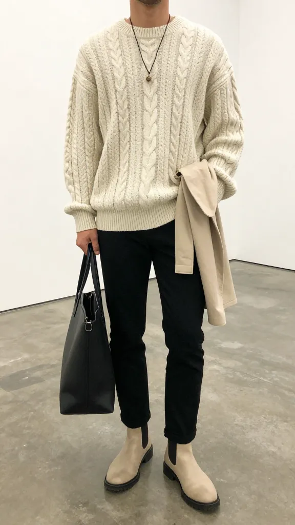 Men 90s Fashion: 12 Retro Reboot for Modern Style 10 Oversized Cable Knit with Slim Trousers