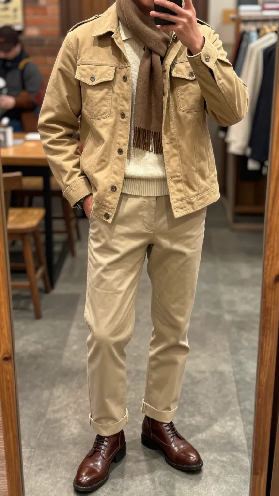 Military Style Outfits: 11 Bold Looks to Elevate Your Wardrobe 12 Desert Swagger: Sand-Colored Trucker Jacket & Textured Knit