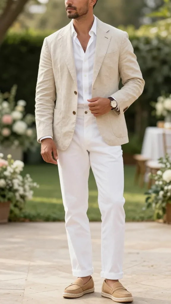 Men’s Summer Wedding Guest Attire: 8 Styles You’ll Actually Want to Wear 5 Soft Beige Linen Blazer With White Denim For the Trend-Savvy Guest
