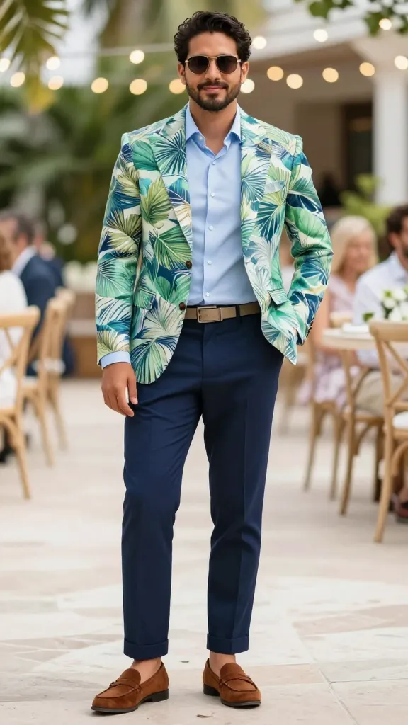 Men’s Summer Wedding Guest Attire: 8 Styles You’ll Actually Want to Wear 8 Tropical Print Blazer With Solid Trousers For The Bold Social Butterfly