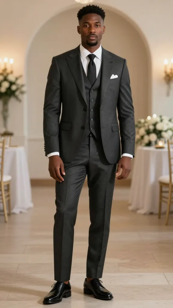 13 Wedding Attire Black Men: Sharp Guest Looks 7 Midnight Charcoal Three-Piece Power Suit