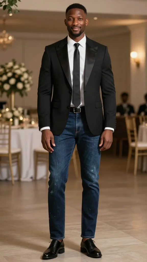 13 Wedding Attire Black Men: Sharp Guest Looks 12 Satin Lapel Blazer With Dressy Denim For A Trendy Twist