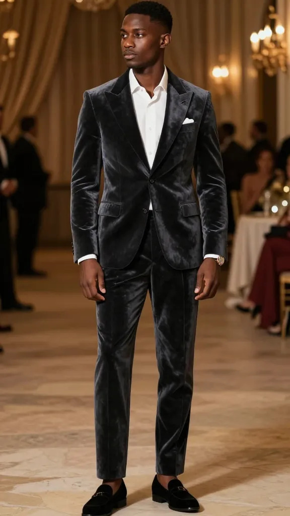 13 Wedding Attire Black Men: Sharp Guest Looks 13 Charcoal Velvet Suit For Gala-Worthy Graduation-Style Glam