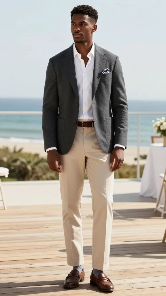 13 Wedding Attire Black Men: Sharp Guest Looks 14 Charcoal Or Navy Blazer With Khaki Trousers For A Coastal Ceremony
